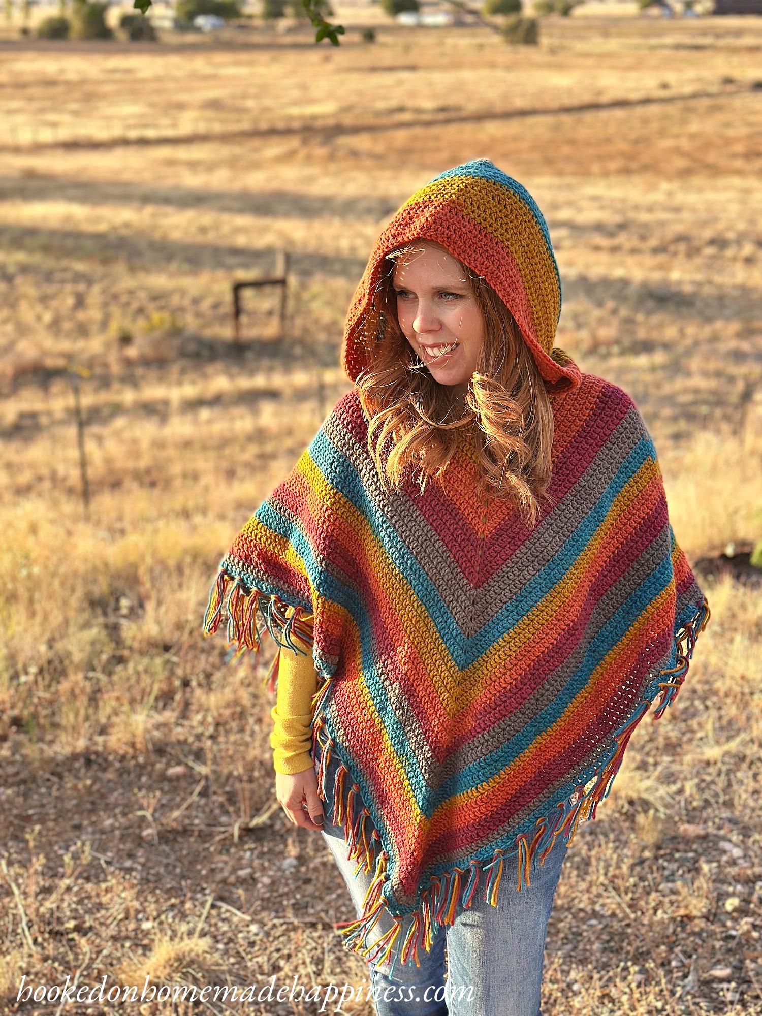 Easy All Double Crochet Hooded Poncho Crochet Pattern